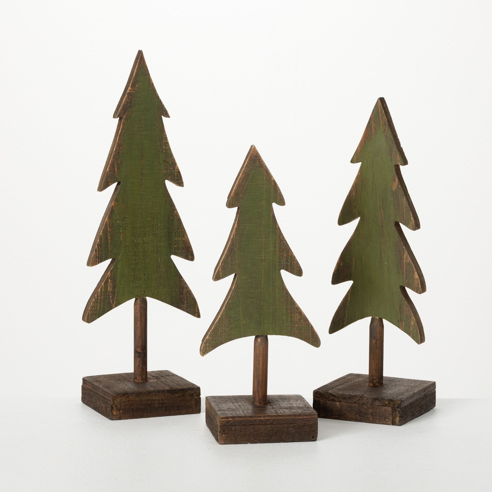 Set of 3 Green and Brown Wooden Evergreen Tree Figurines