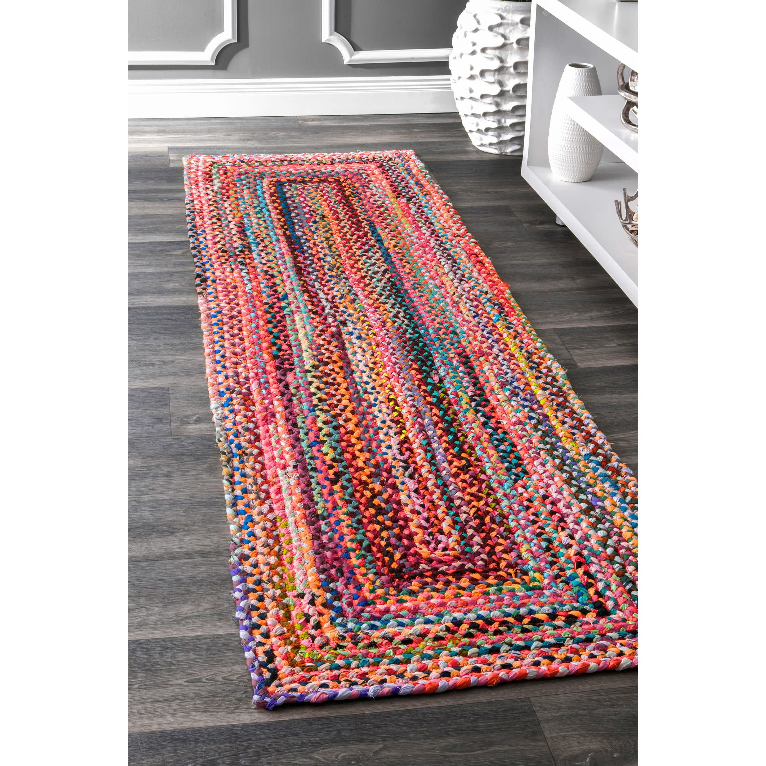 Handmade Multicolor Cotton Braided Runner Rug, 3' x 12'