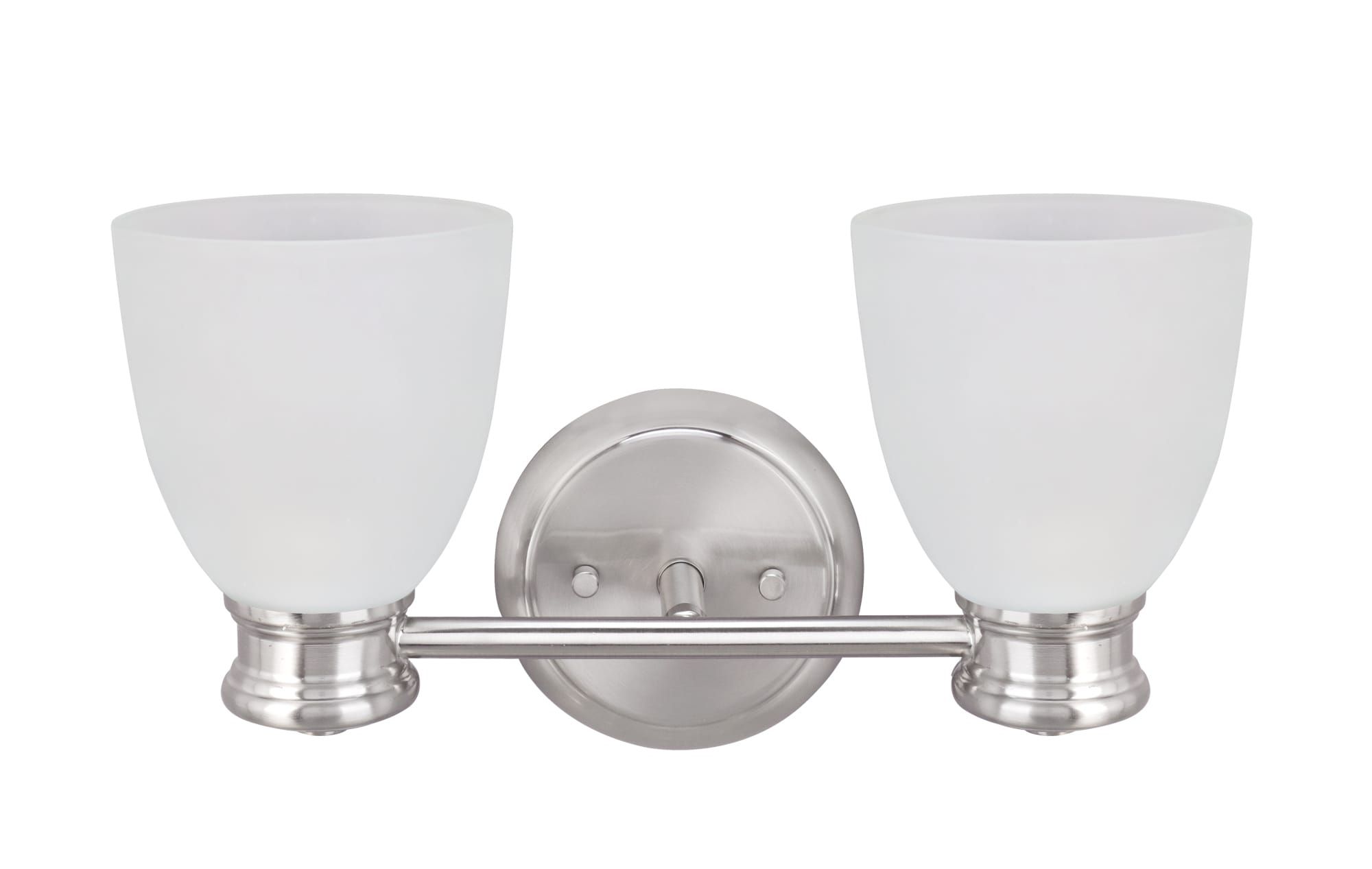 Satin Nickel 2-Light Bathroom Vanity Fixture with Frosted Glass Shades