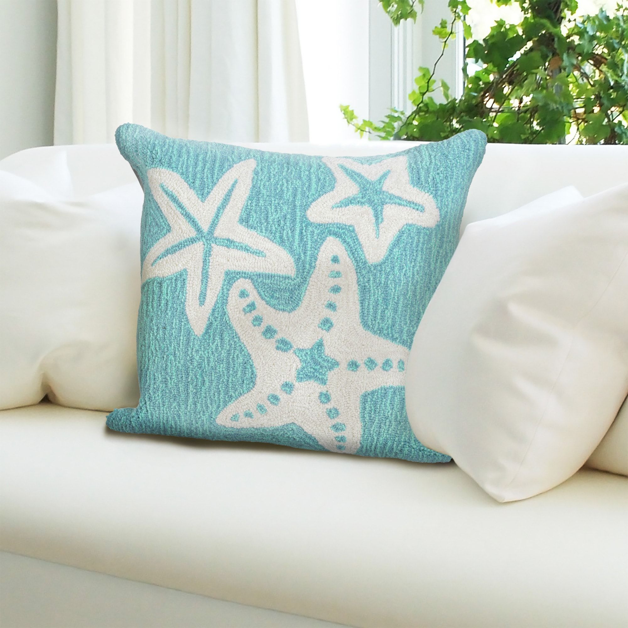 Aqua and White Polyacrylic Starfish Decorative Pillow Set