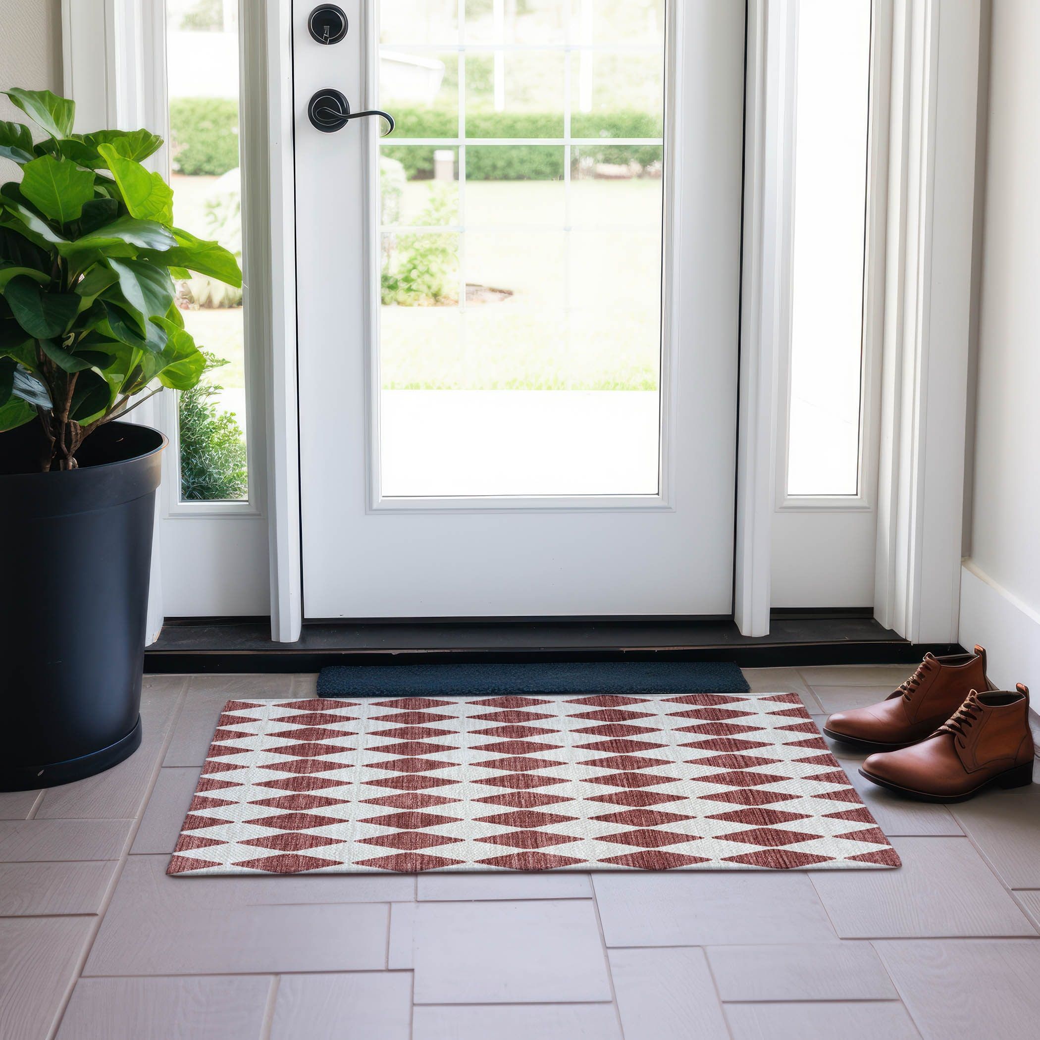 Burgundy Diamond Pattern Synthetic Washable Rug 1'8" x 2'6"
