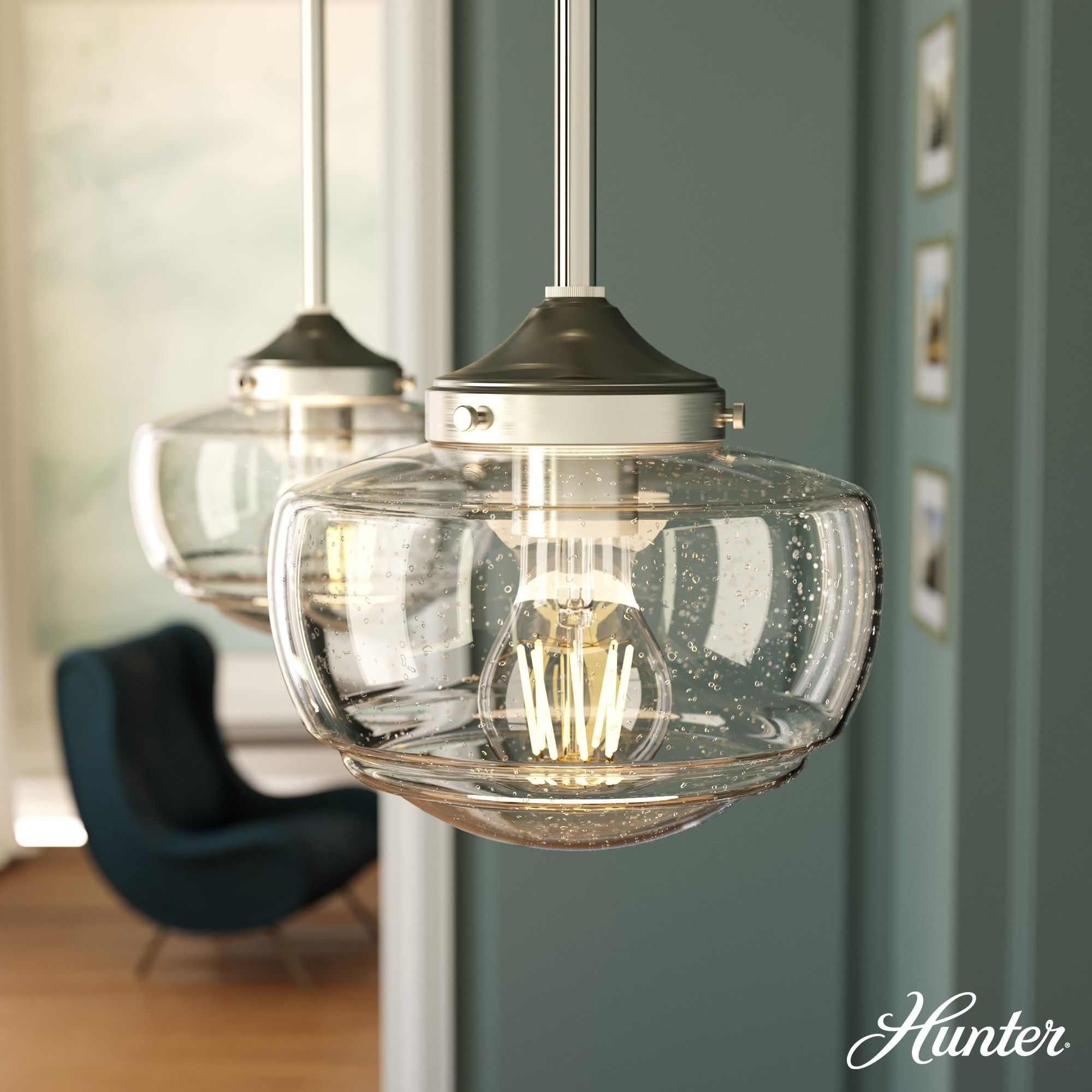 Hunter Brushed Nickel Mini Pendant Light with Seeded Glass Shade