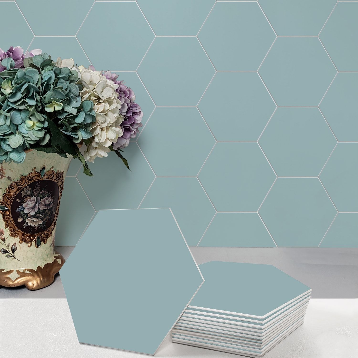 Rain Blue Hexagon Peel and Stick Resin Wall Tiles