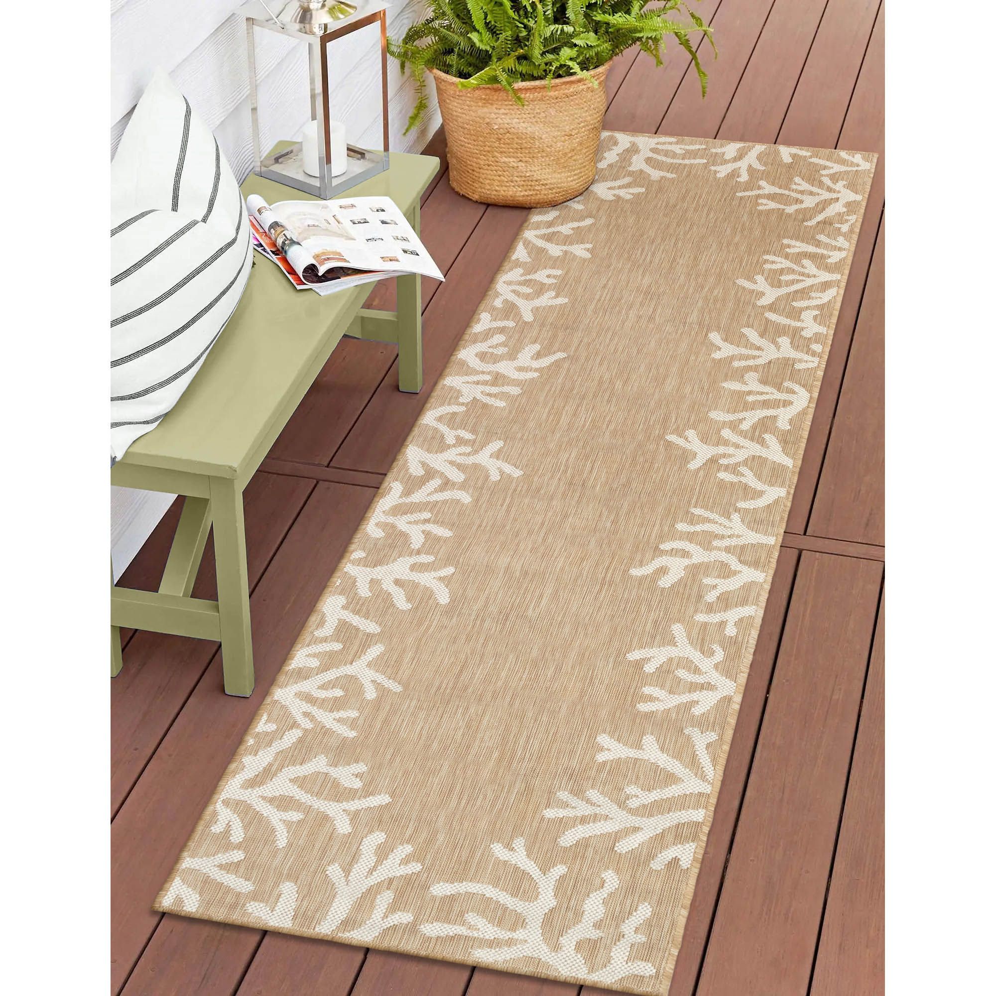 Sand Coral Border Flat Woven Synthetic Indoor/Outdoor Rug