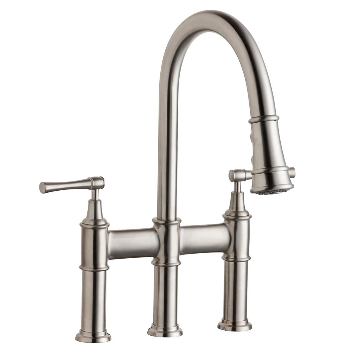Lustrous Steel Bridge Kitchen Faucet with Pull-down Spray