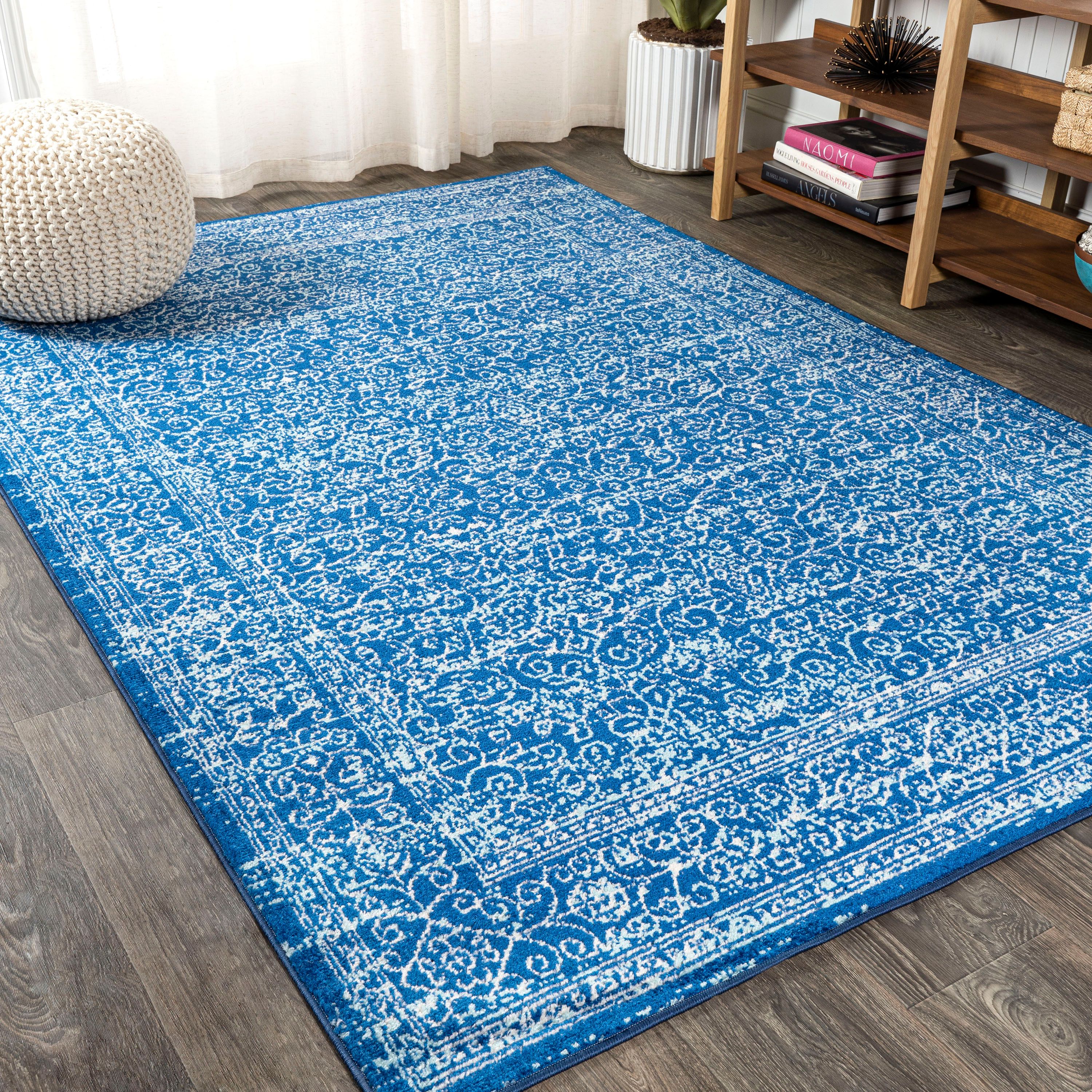 Blue Rectangular 4' x 6' Stain-Resistant Synthetic Rug