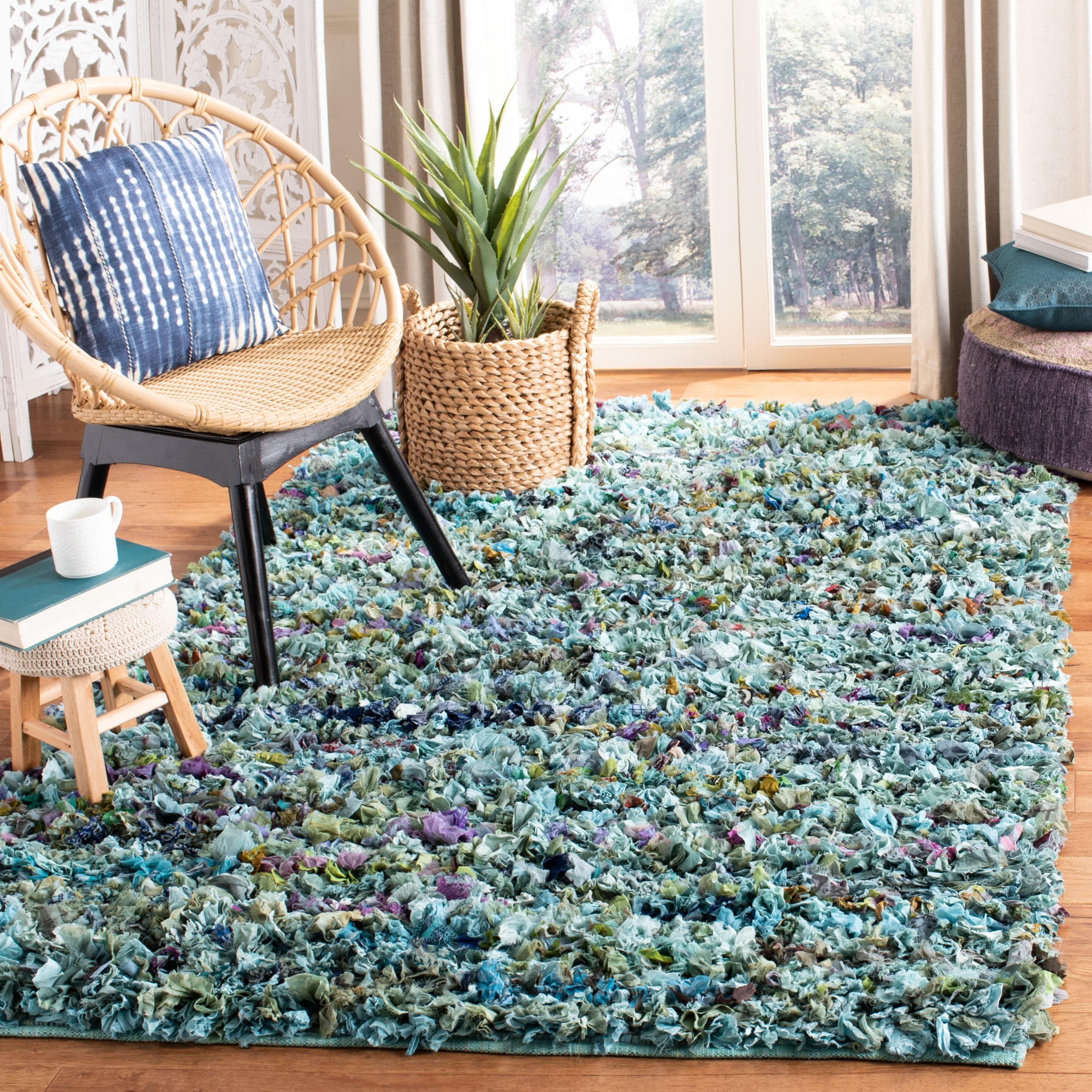 Handmade Blue and Multicolor Tufted Shag Rectangular Rug 6' x 9'