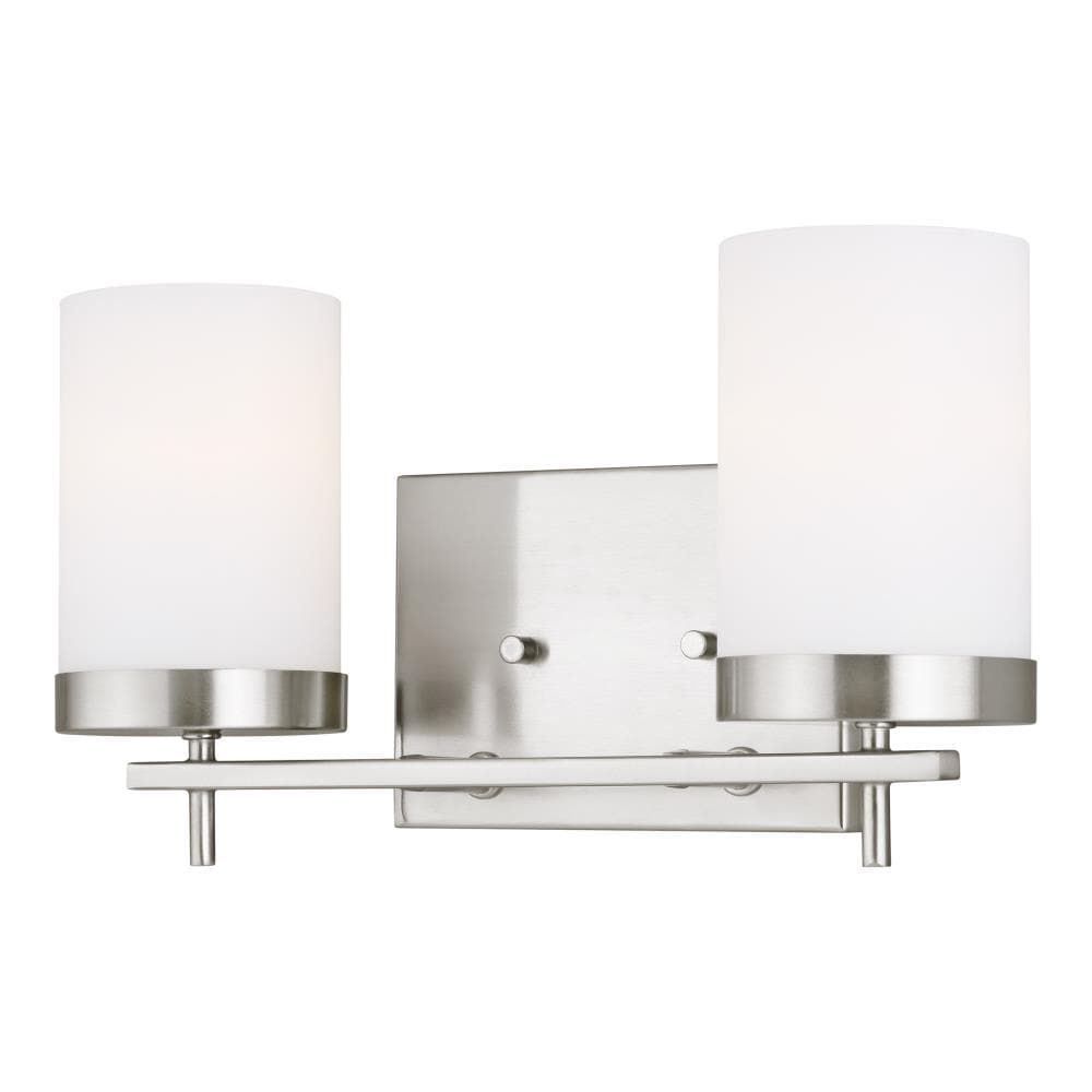 Brushed Nickel Two-Light Cylinder Wall Sconce with Etched Glass Shades