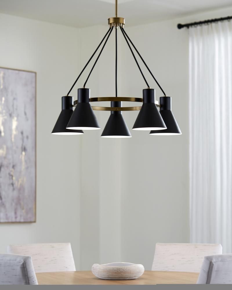 Satin Brass 5-Light Chandelier with Black Steel Shade