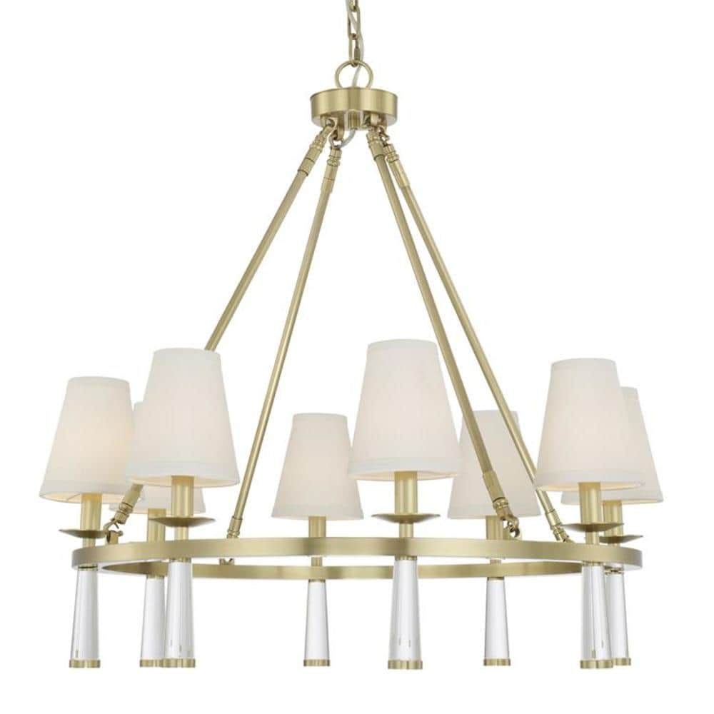 Elegant Aged Brass and Crystal 8-Light Chandelier with Silk Shade