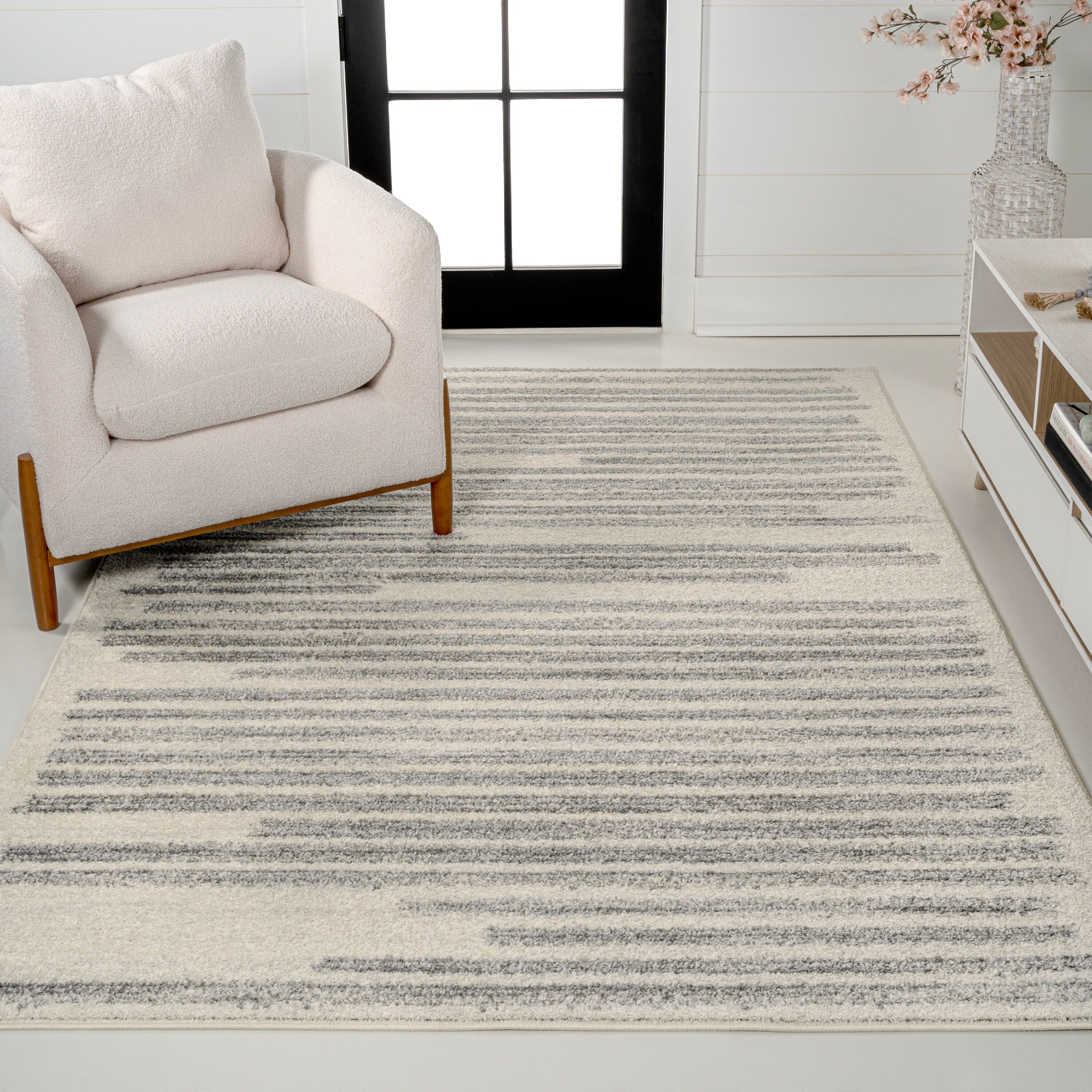 Khalil 4' x 6' Gray and Cream Synthetic Stripe Area Rug