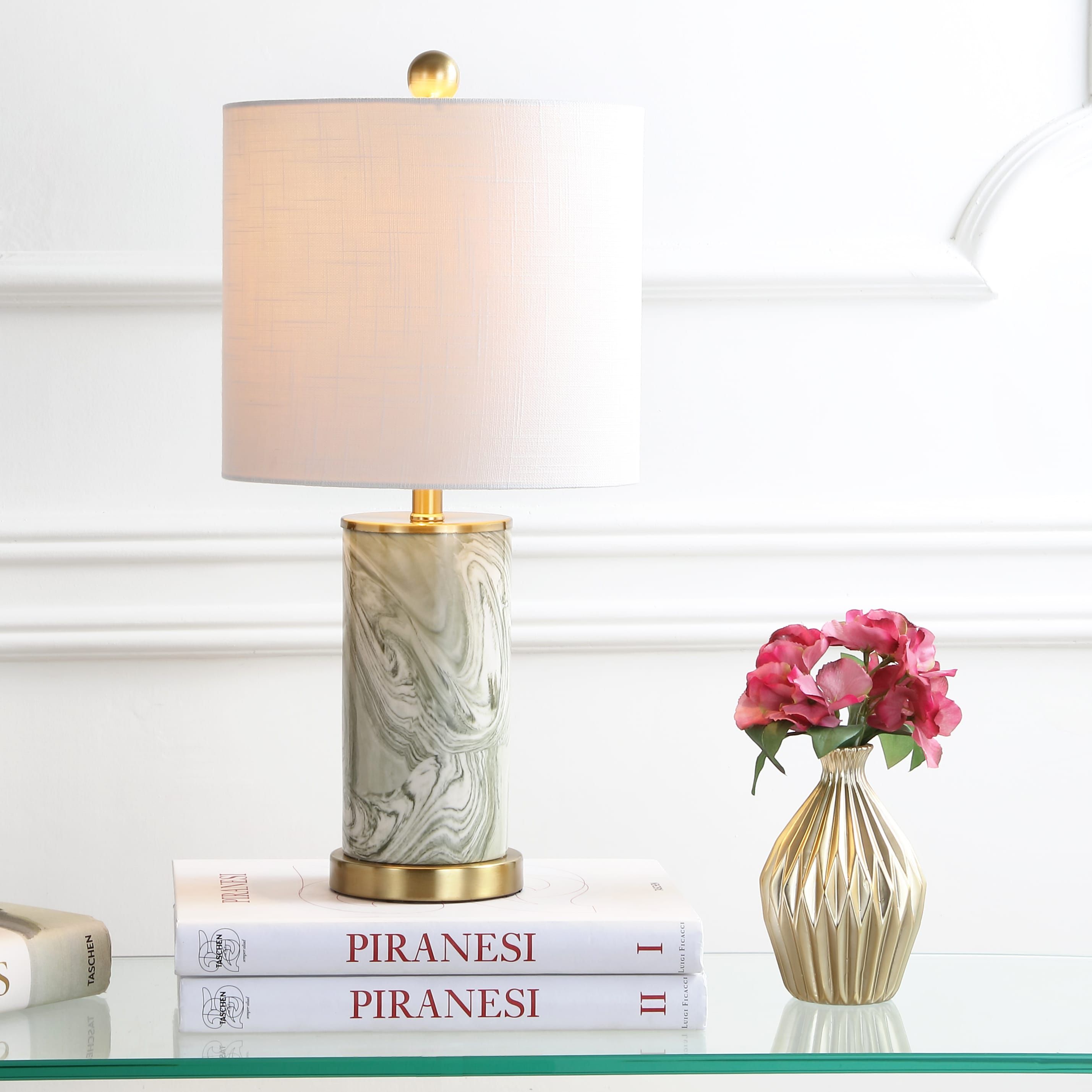 Green and White Marbled Ceramic Table Lamp with Brass Base