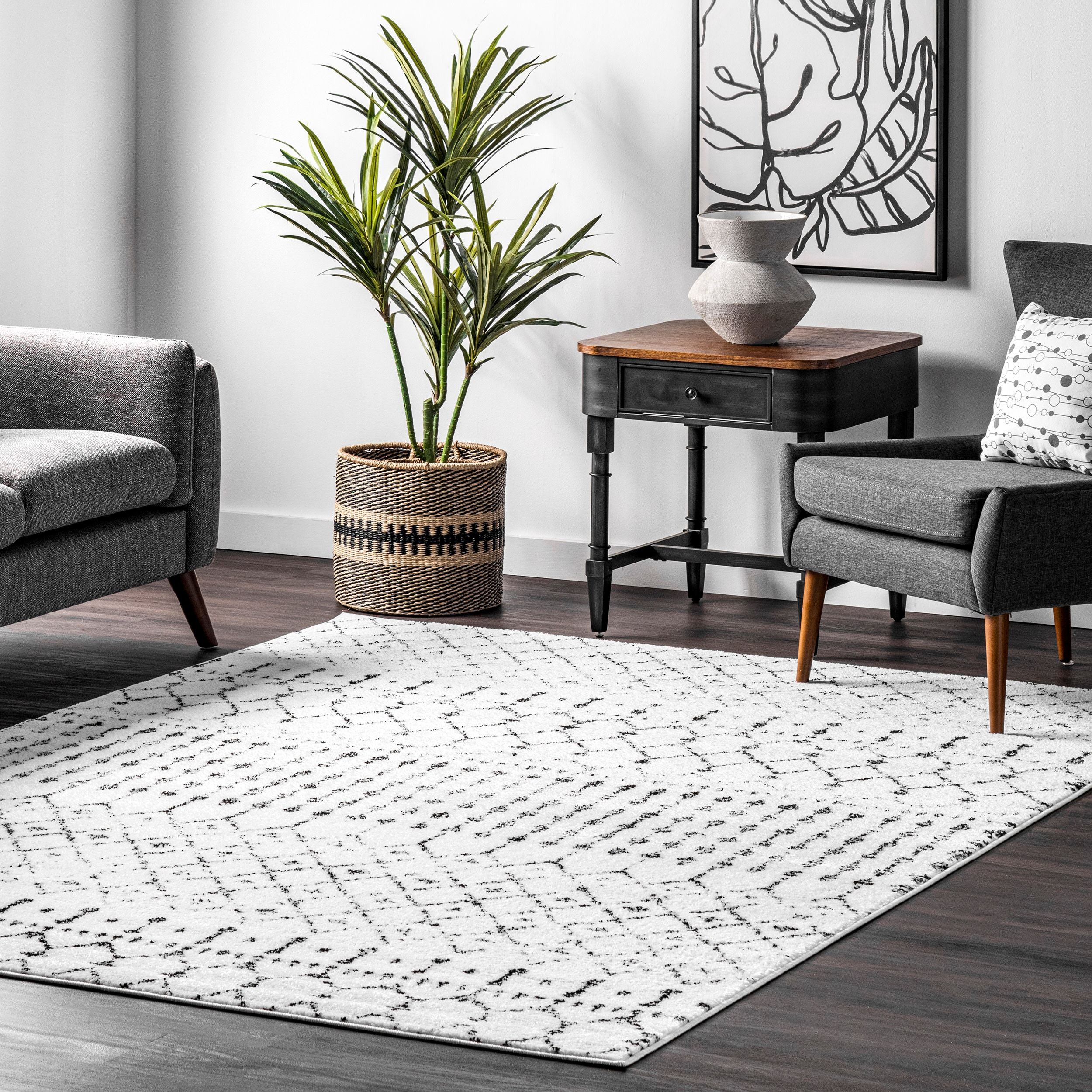 Handmade White and Black Synthetic Rectangular Area Rug