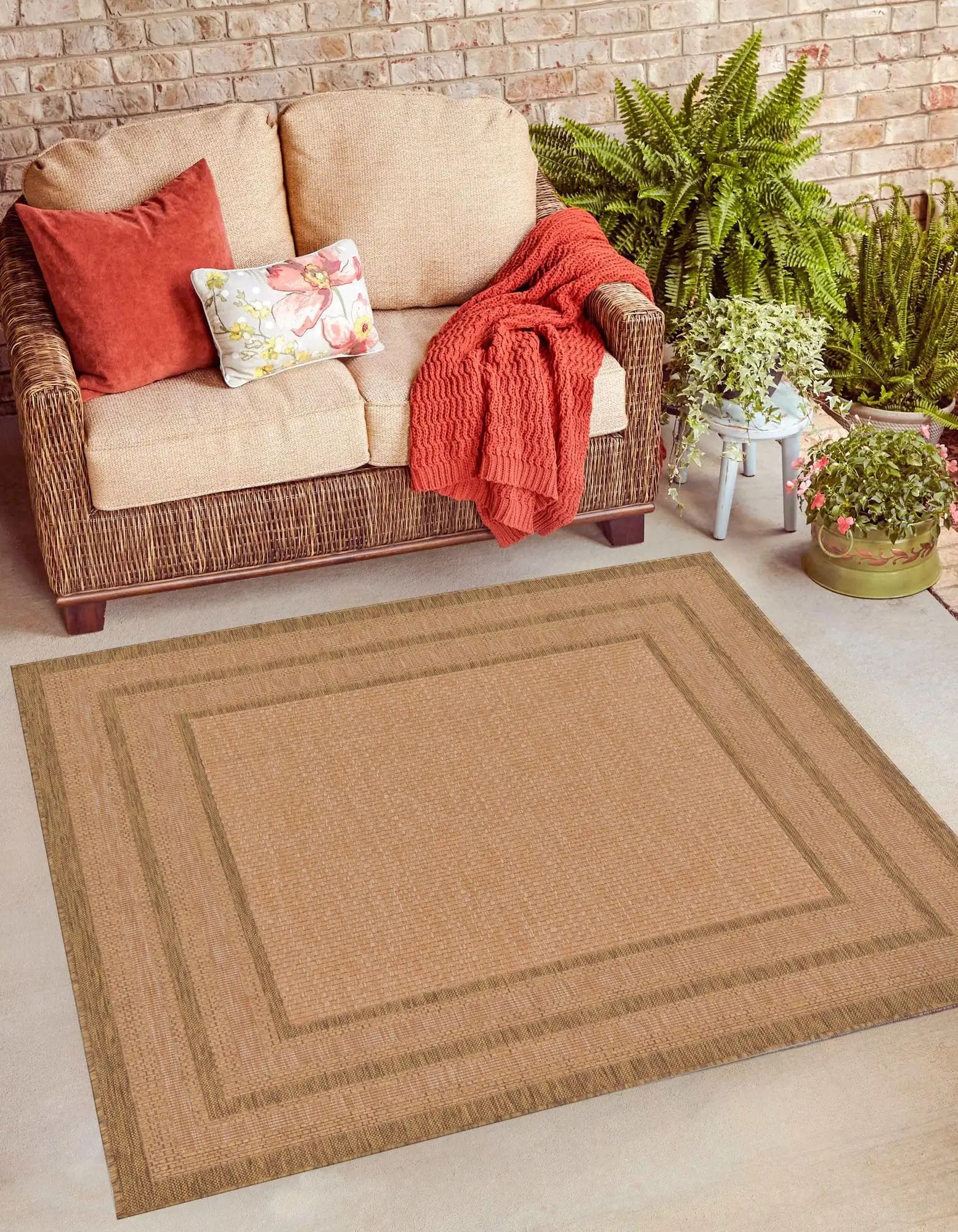 Multi Border Easy-Care Square Outdoor Rug 6' - Light Brown