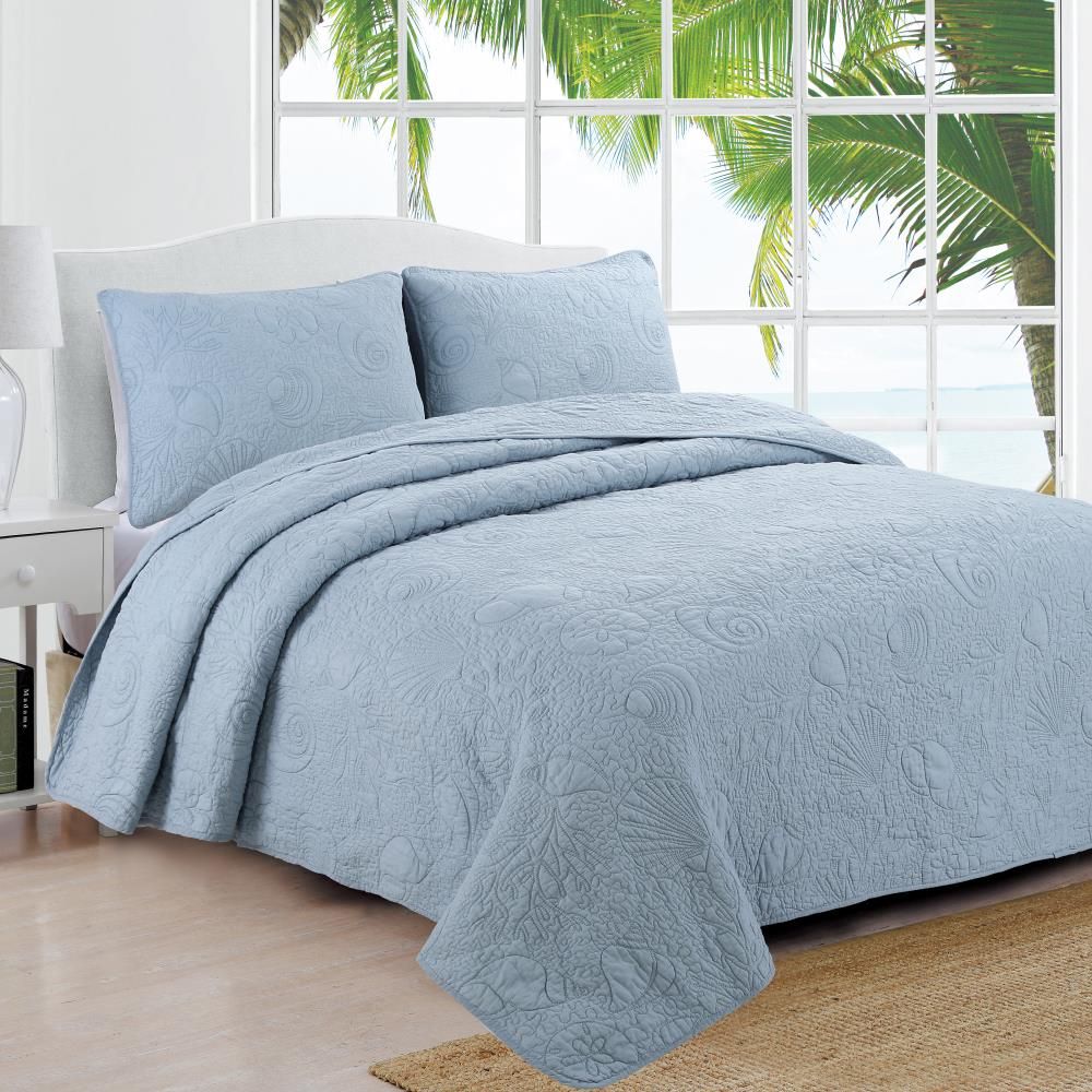 Seaside Haven Embroidered Seashell Twin Quilt Set in Dusty Blue