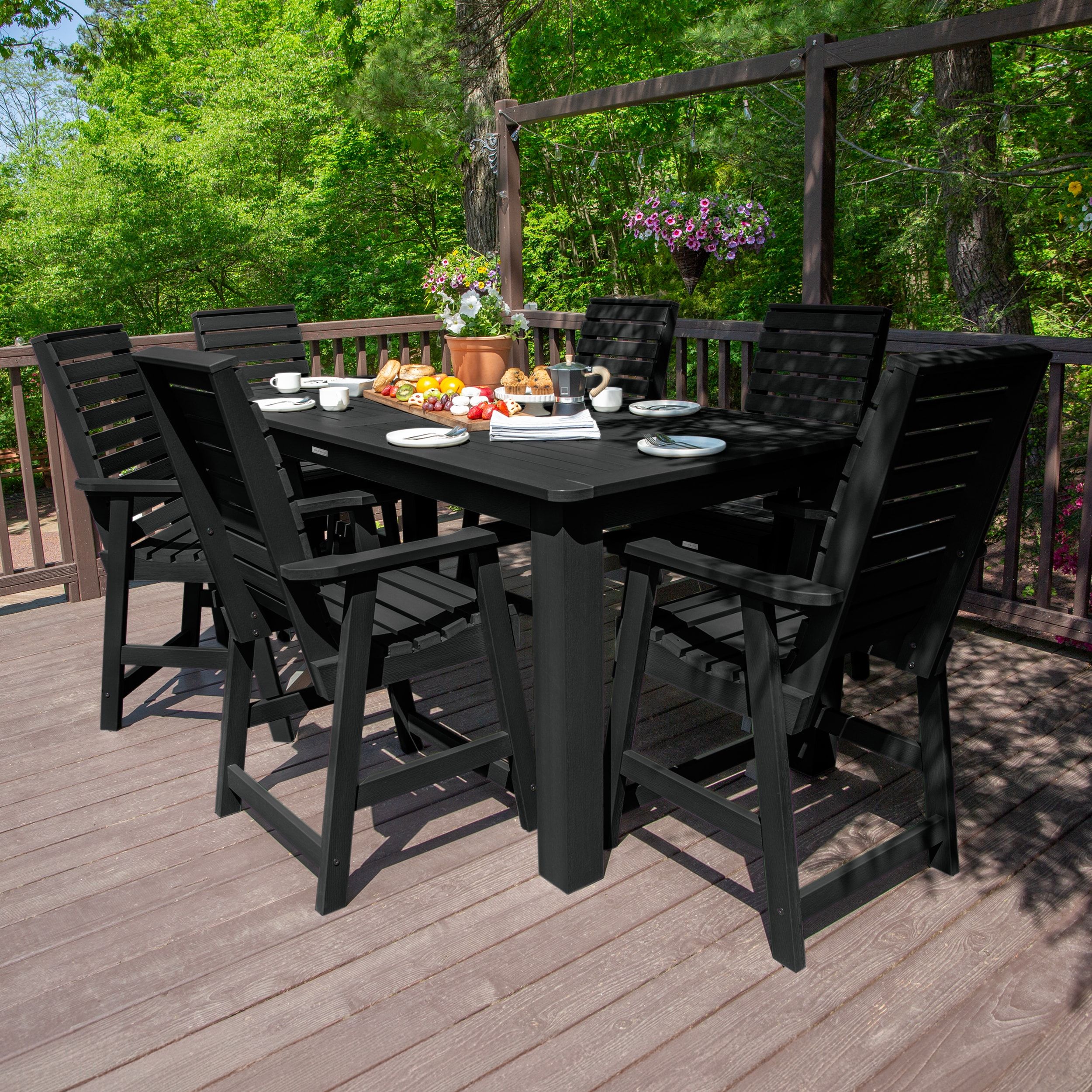 Sleek Modern 6-Person Black Plastic Dining Set with Umbrella Hole