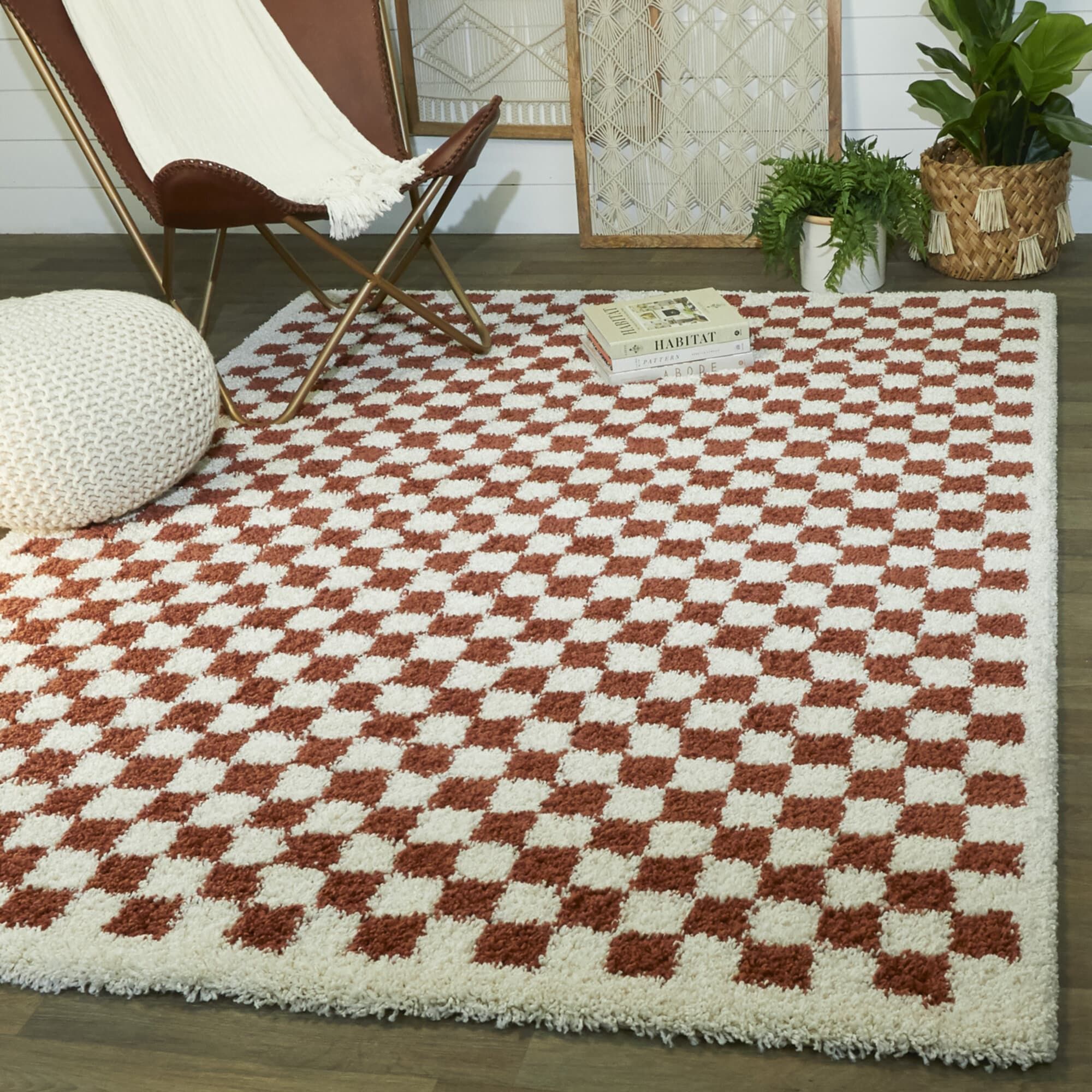 Burnt Orange and White Geometric Shag Synthetic 5' x 7' Area Rug