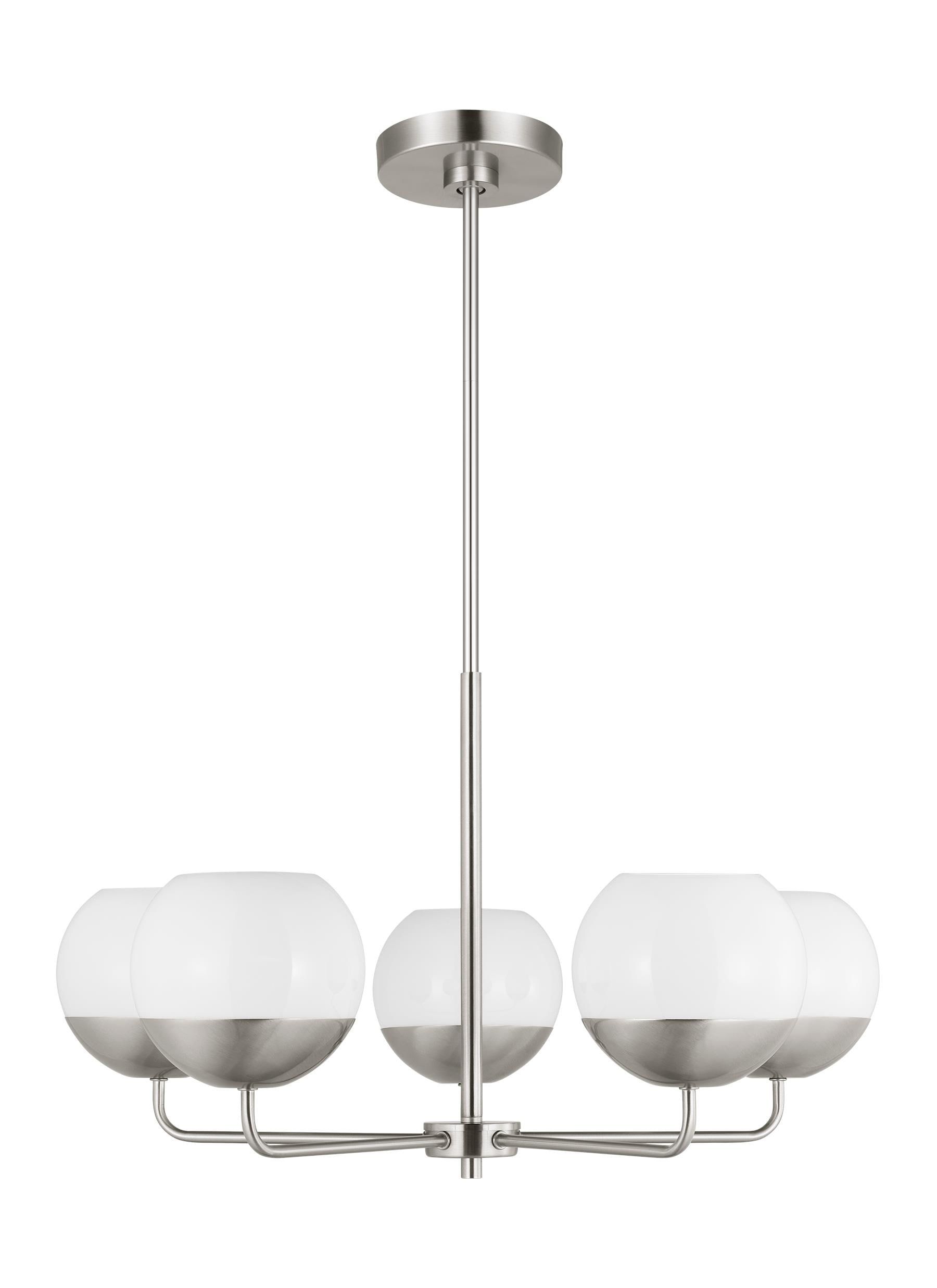 Alvin Midcentury 5-Light LED Chandelier in Brushed Nickel with Milk Glass Shades