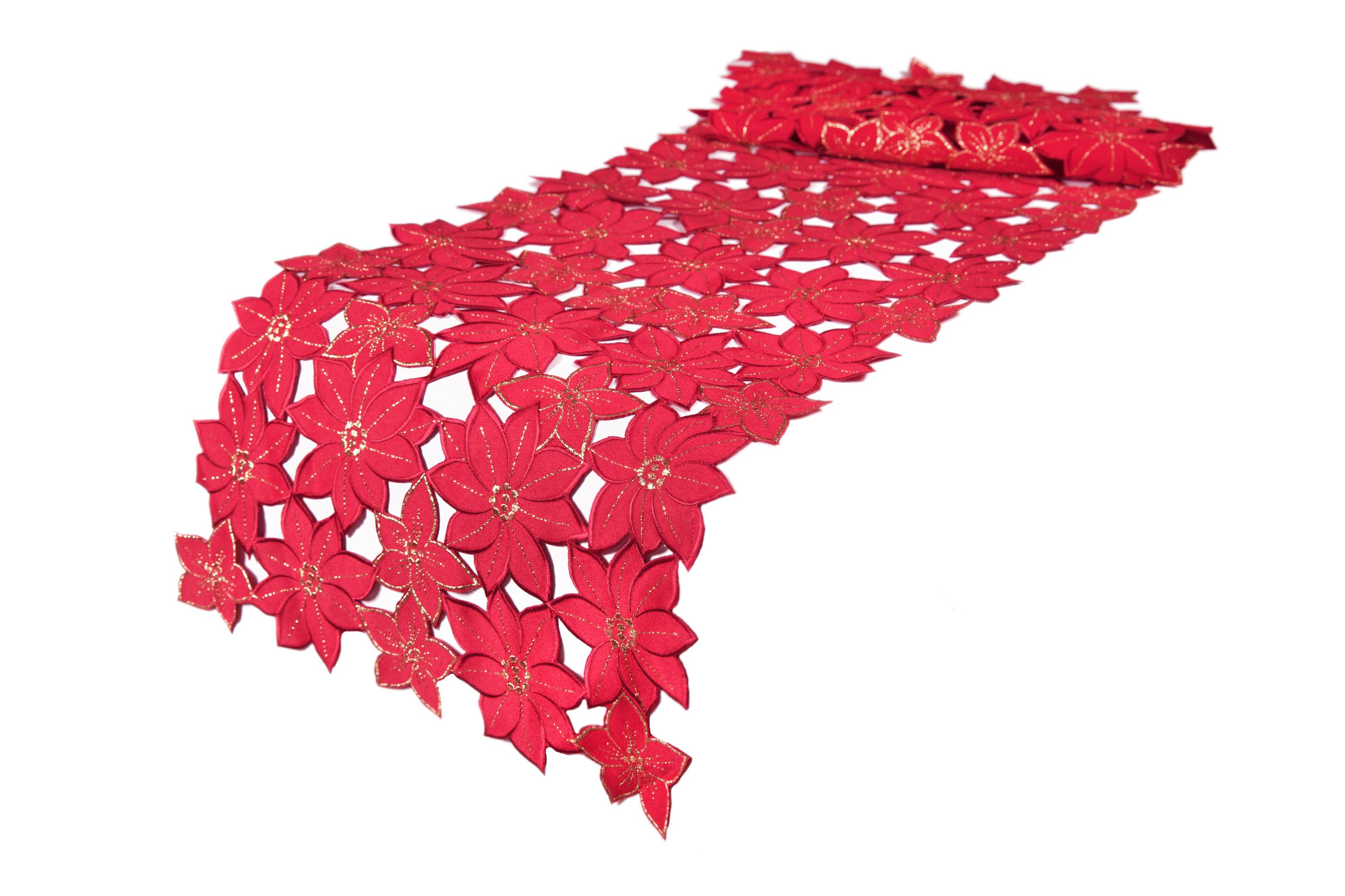 Festive Red Polyester Poinsettia Embroidered Table Runner