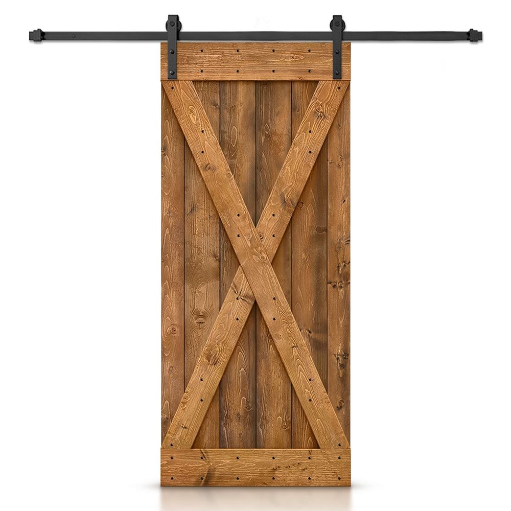 84'' Walnut Knotty Pine Solid Wood Rustic Barn Door with Matte Black Hardware