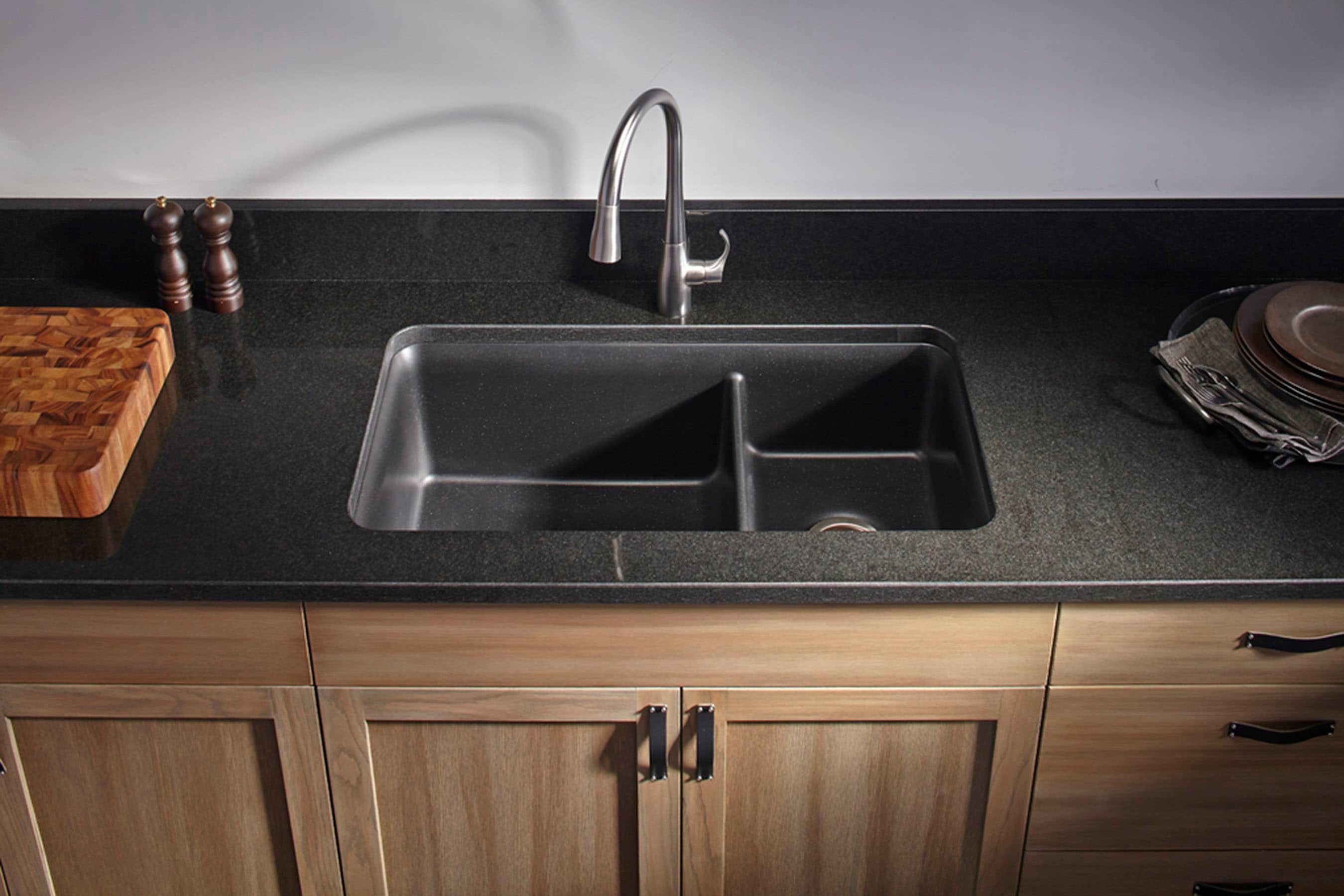 Matte Black 33" Double Bowl Stone Kitchen Sink