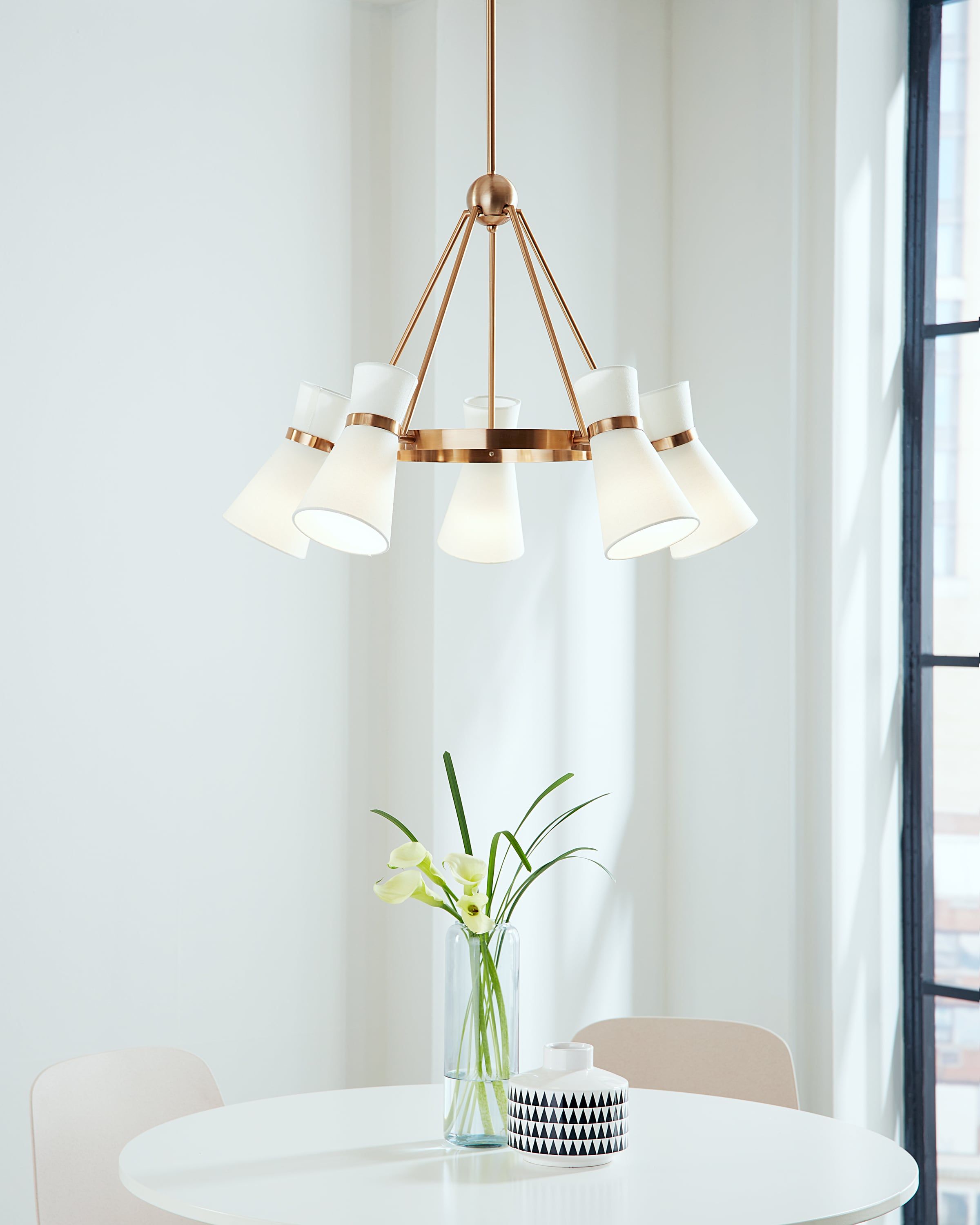 Satin Brass 5-Light Chandelier with White Linen Shades