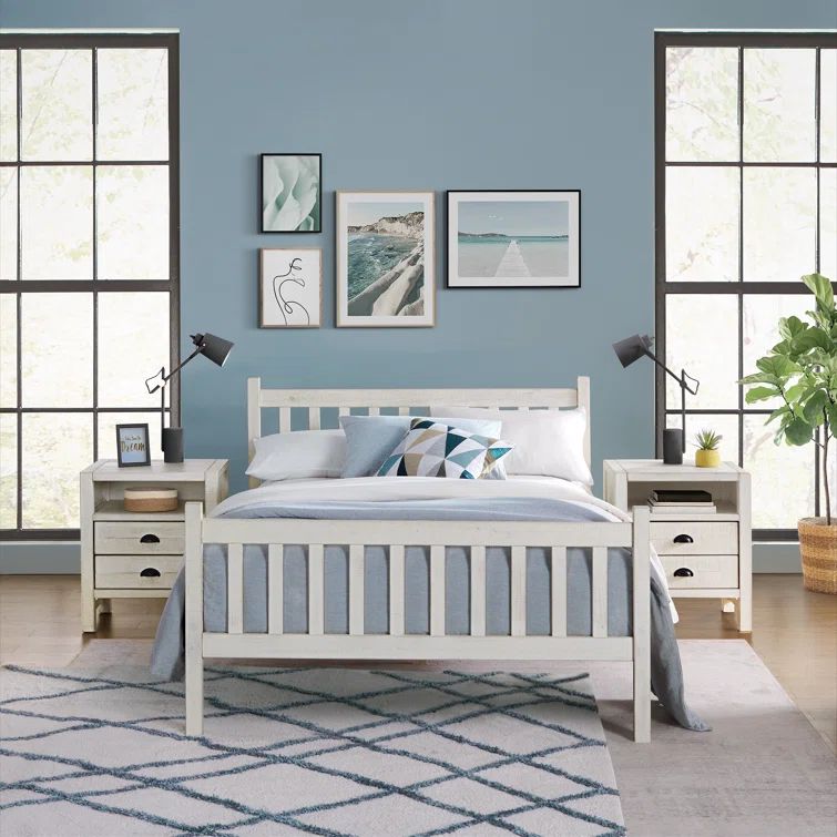 Alaterre Furniture Windsor 3-Piece Bedroom Set with Slat Full Bed and 2 Nightstands, Driftwood White