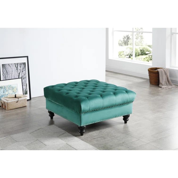 Nola Tufted Velvet Ottoman with Chrome Nailheads in Green