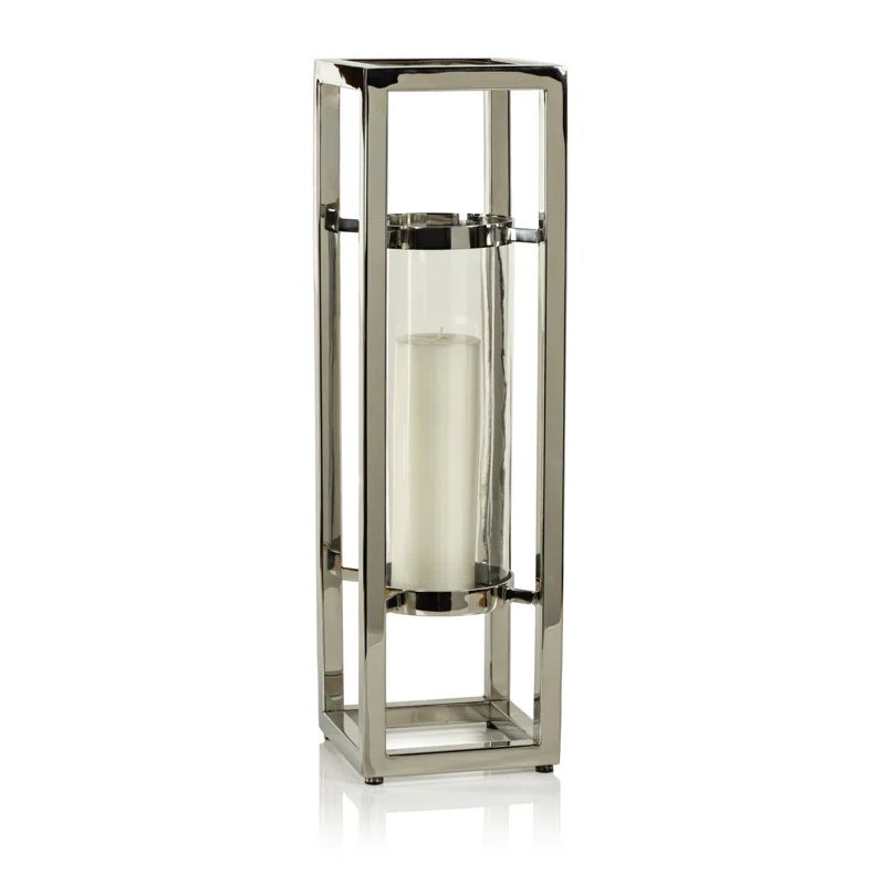 Large Silver Glass and Stainless Steel Hurricane Lantern
