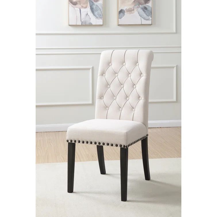 High-Back Beige Linen Upholstered Side Chair with Tufted Detail