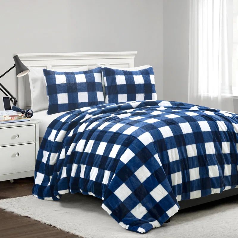 Navy and White Plaid Faux Fur Twin Comforter Set