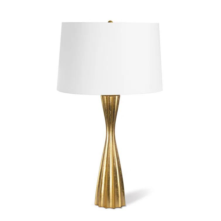 Gold Leaf Polished Brass Hourglass Table Lamp with Linen Shade