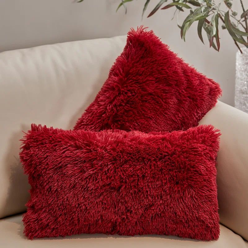 Maroon Faux Fur Shaggy Lumbar Throw Pillows Set of 2