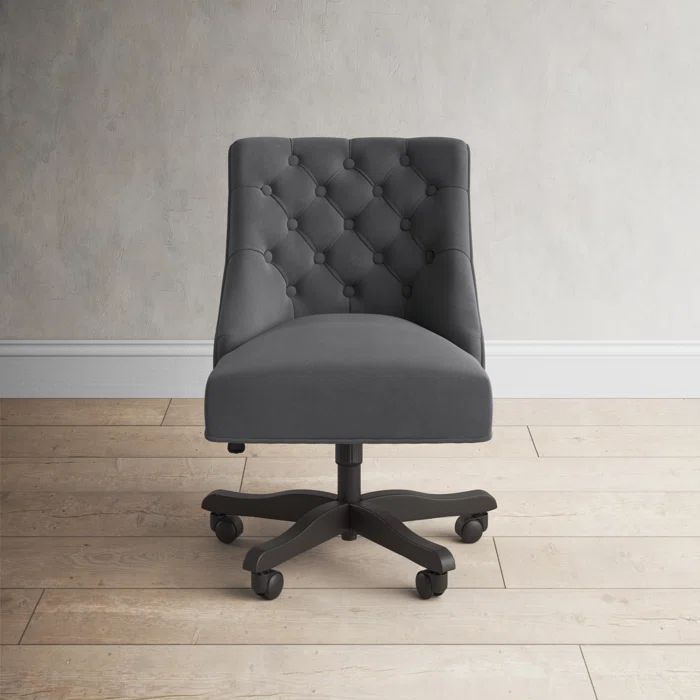 Elegant Gray Tufted Transitional Swivel Desk Chair in Wood Finish