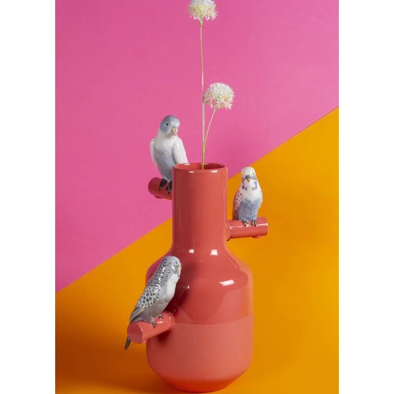 Coral Porcelain Vase with Decorative Parrots