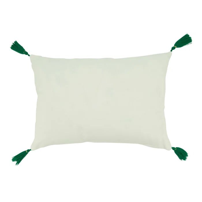 White Cotton Lumbar Pillow with Green Tassels