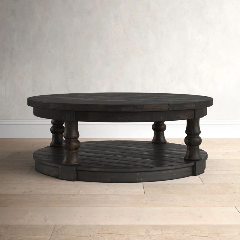 Antique Gray Rustic Round Wood and Fabric Coffee Table