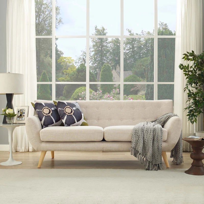 Mid-Century Modern Flared Arm Beige Fabric Sofa