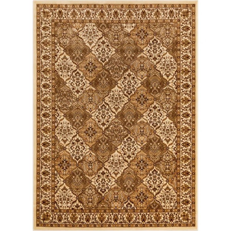 Ivory and Beige Rectangular Oriental Synthetic Area Rug