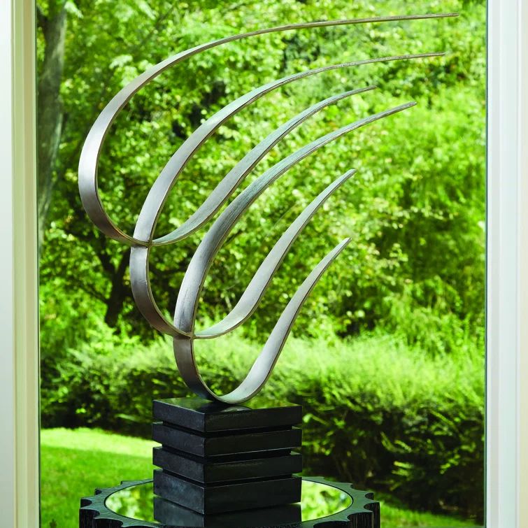 Nickel Finish Metal Swoosh Sculpture with Marble Base