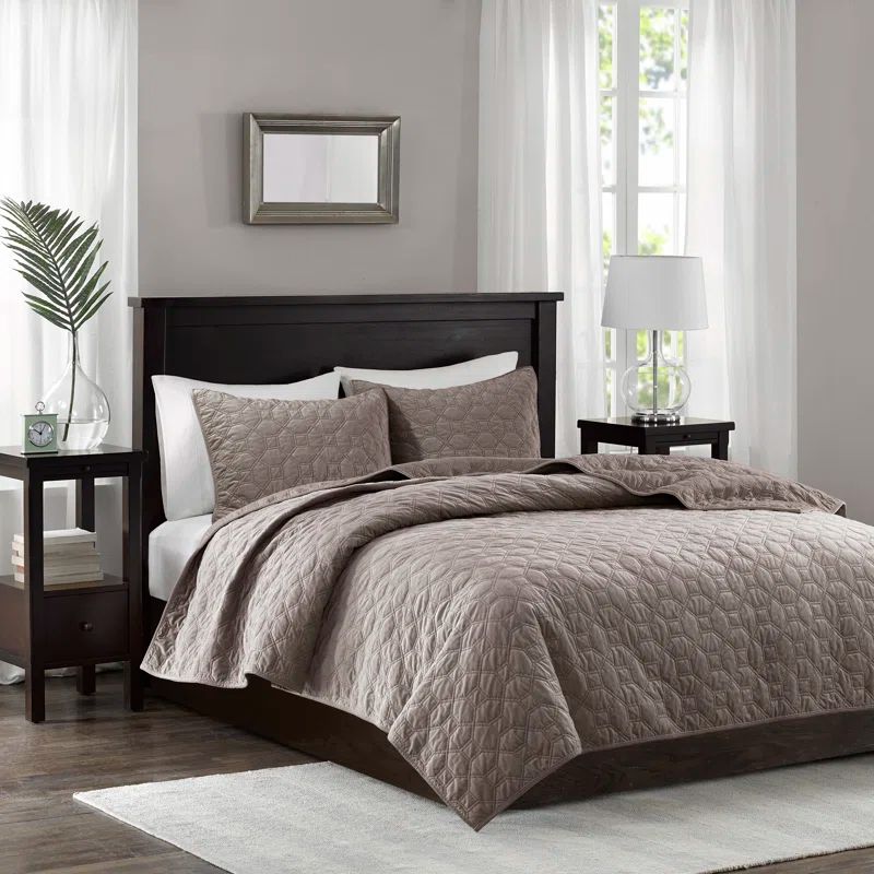 Taupe King Velvet Reversible Quilt Set with Shams