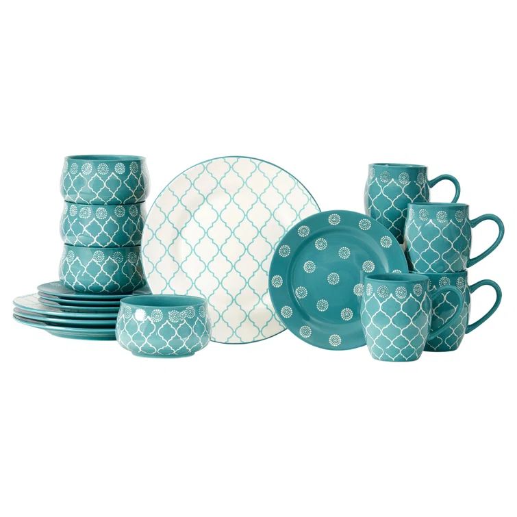 Marcela Floral Turquoise Ceramic Dinnerware Set, Service for 4