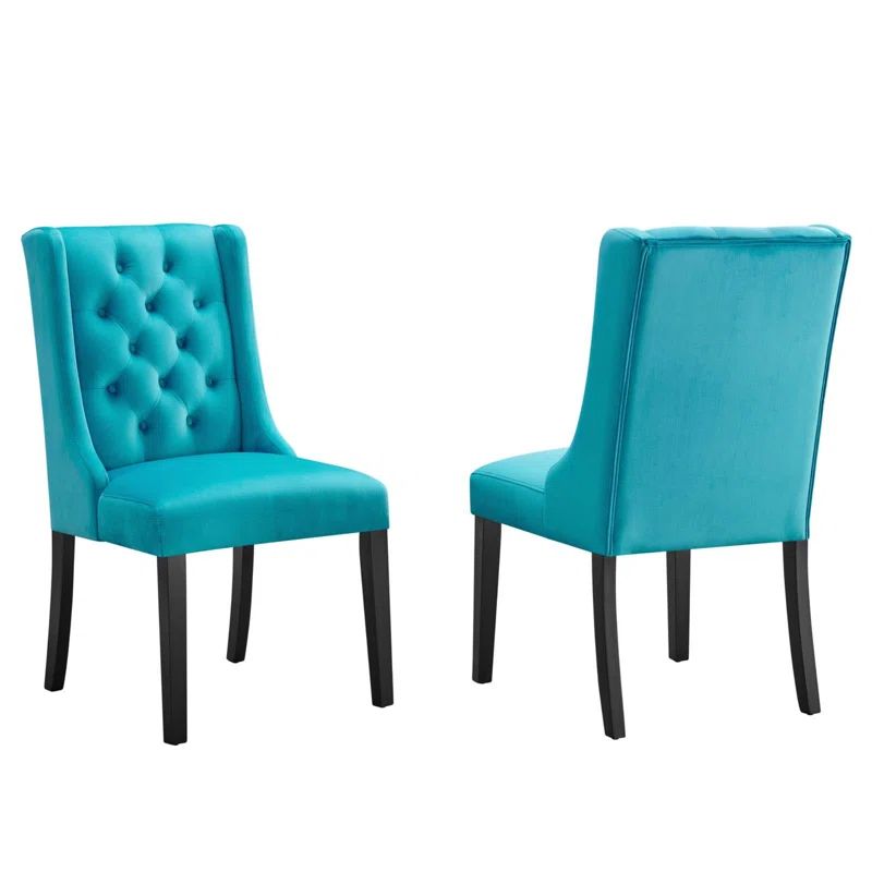 Blue Velvet Upholstered Side Chair with Wood Legs