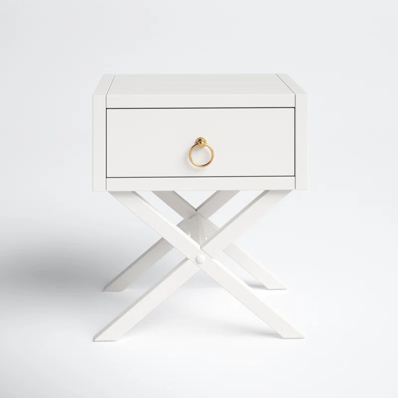 Elin Fresh White and Gold Metallic 1-Drawer Nightstand with X-Design Legs