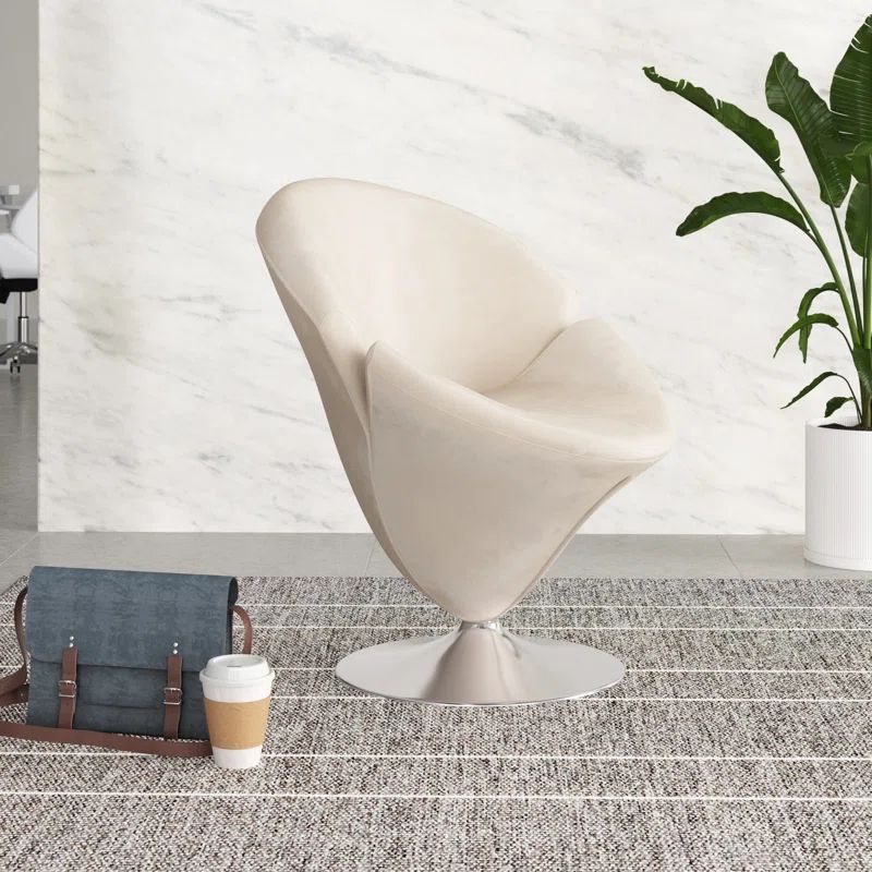 Blossom White Velvet Swivel Barrel Chair with Metal Base