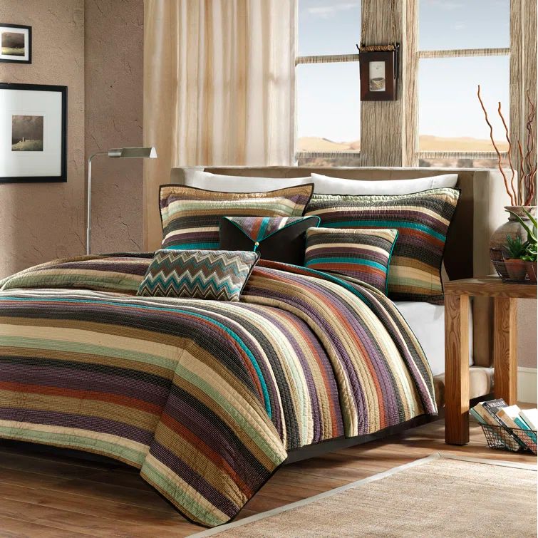 Full Multicolor Microfiber Reversible Coverlet Set with Pillows
