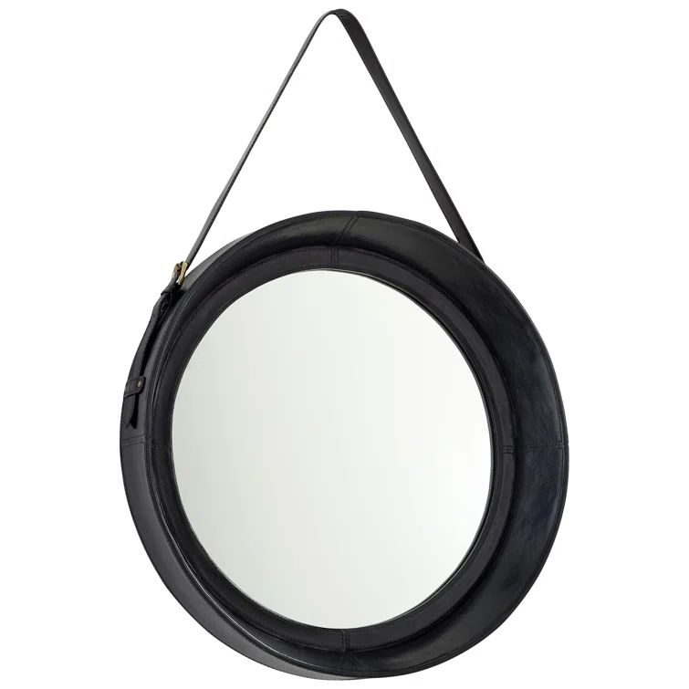Contemporary Navy Blue Round Wooden Mirror with Blue Leather Strap