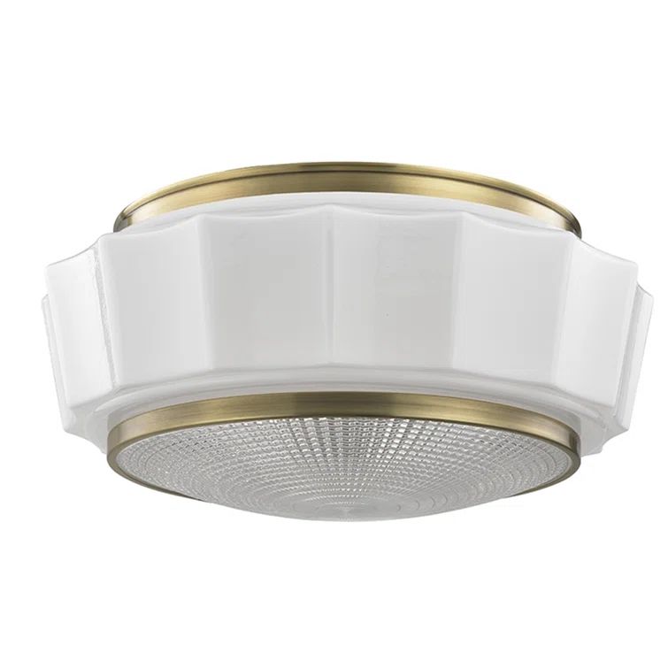 Elegant Aged Brass 3-Light Flush Mount with Glossy Opal Glass Shade