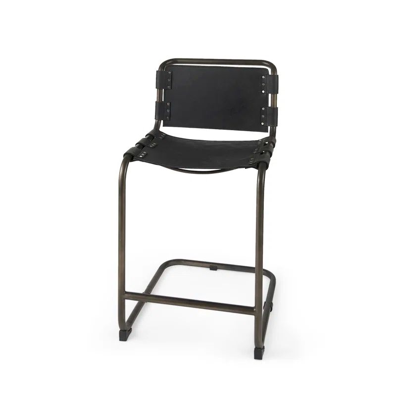 Berbick Black Leather and Iron Counter Stool, 26" Seat Height