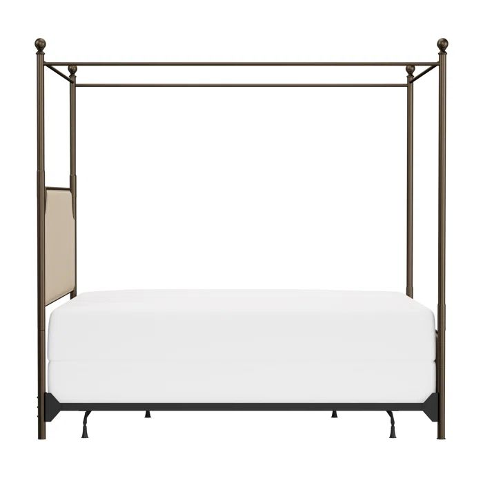 Elegant Linen Stone Queen Canopy Bed with Bronze Metal Frame